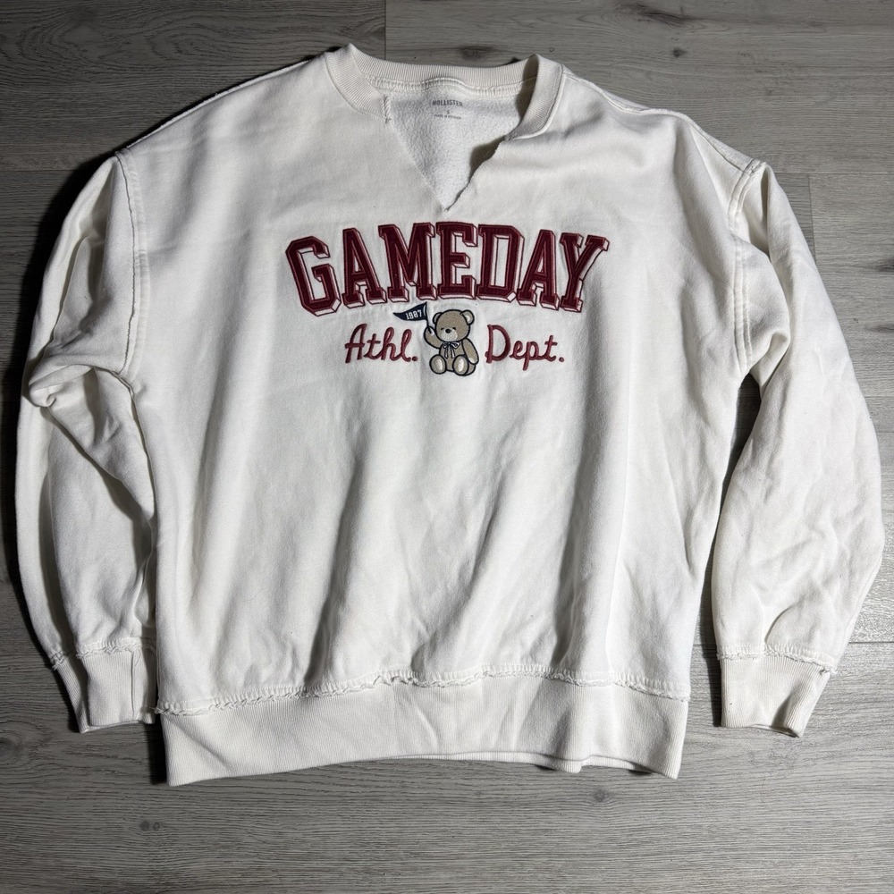 Hollister Y2K Gameday Athl Dept Bear Sweatshirt Womens Small Cream Crewneck